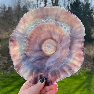 Antique Victorian Northwood Purple White Opalescent Slag Glass Ruffled Bowl